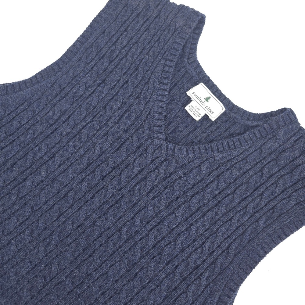 Southern Pines‎ Cable Knit Sweater Vest Navy Large Chunky Pullover V Neck Preppy